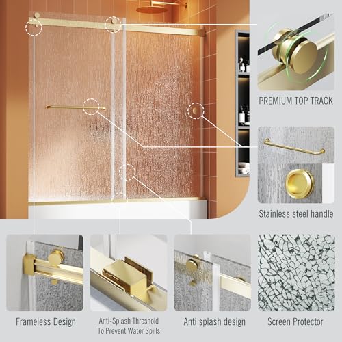 Image of Bathtub Sliding Door 60 inch W x 56 inch H, Tub Shower Door, Frameless Bypass Double Sliding Door Tempered Rain Glass with Explosion-Proof Film Brushed Gold