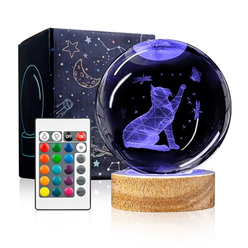 Image of 3D Cat Crystal Ball Night Light with Woodern Base, 3.15 inch Cat Figurines Glass Lamp with 16 Colors Cat Snow Globes Cool Desk Decor Cat Gifts for Women Girl Cat Lovers Kids Friends