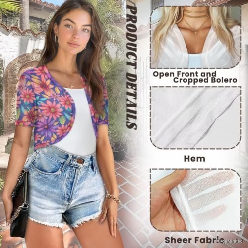 Image of Womens Short Sleeve Cardigans Lightweight Summer Cardigan Trendy Bolero Shrug Cute Floral Cardigan Sheer Bolero