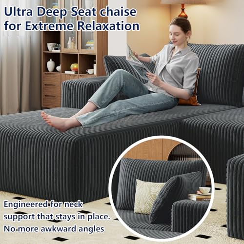 Image of 96 inch Modular Sectional Sofa with Ottoman, Modern Corduroy Cloud Couch with Deep Seat, Boneless Couch Upholstered 3-Seater U-Shaped Sofa for Living Room, No Assembly (Grey, Left-Facing Chaise)