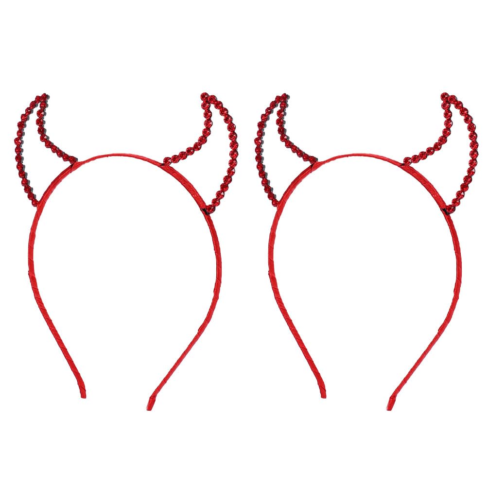 FOMIYES Halloween Devil Horns Headband Rhinestone Horns Halloween Cosplay Hairband Rhinestone Glitter Hairbands for Costume 2Pcs (Red)
