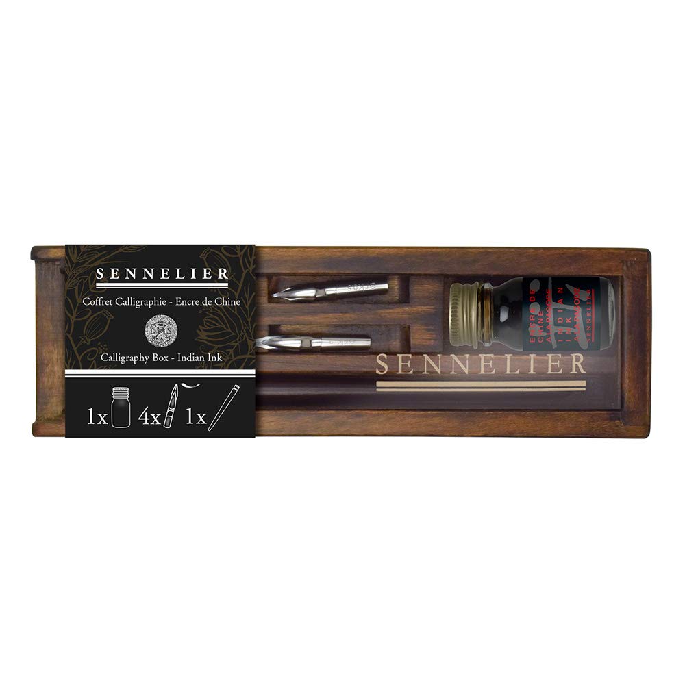 Sennelier Calligraphy Small Wood Set, Includes a Bottle of China Ink, 4 Nibs and a Lacquered Nib Holder (10-134024-00)