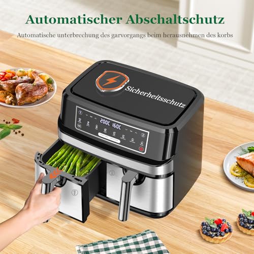 Heißluftfritteuse 2 Kammern 9L | Dual Zone Airfryer m 2x4,5L Schubladen, 2600W Heissluftfritteuse 8-in-1 Touchscreen Smart Finish Funktion, Air Fryer Doppelkammer Unabhängige Steuerung Temperatur Zeit 6