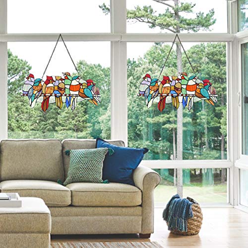 COTOSS Tiffany Stained Glass Window Hangings, 8 Birds on a Wire Stained Glass, Stained Glass Panels, Art Glass Window Treatments