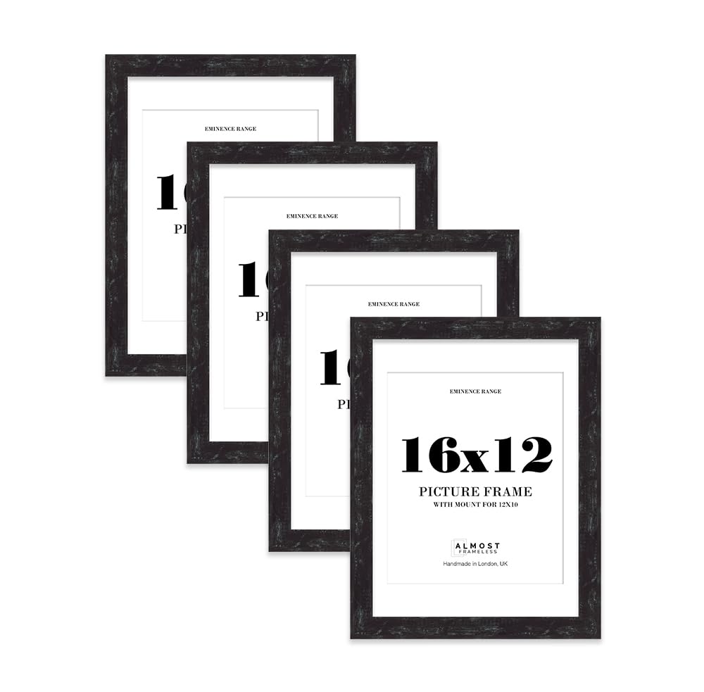 16x12" Distressed Black Picture Frame with 12x10" Mount - Industrial Photo Frame with Distressed Finish, Wall Hooks, 32mm Edge - 4 Pack