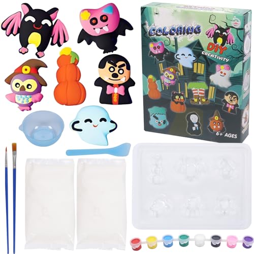 Manualidades Halloween Niños, DIY Halloween Decoración, Calabazas Yeso para Pintar, Escayola Manualidades con 6 Plantillas, Juego Kit Manualidade de Yeso, Regalos Fiesta Juguete Niños 8 9 Jahre