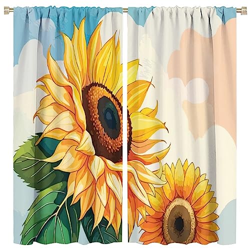 Sunflower Curtains Cartoon Flower Plant Rod Pocket Blackout Window Treatment for Living Room Girls Woman Room Decor Floral Art Printed Window Drapes 84x84in