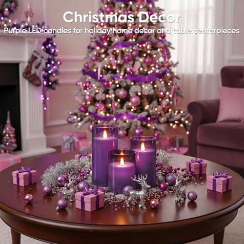 Image of Homemory Purple Flameless Candles, Flickering Battery Operated LED Pillar Candles with Remote Timer, Acrylic Violet Fake Candles, Decorative Candles for Home Wedding Party Halloween Decor, Set of 3