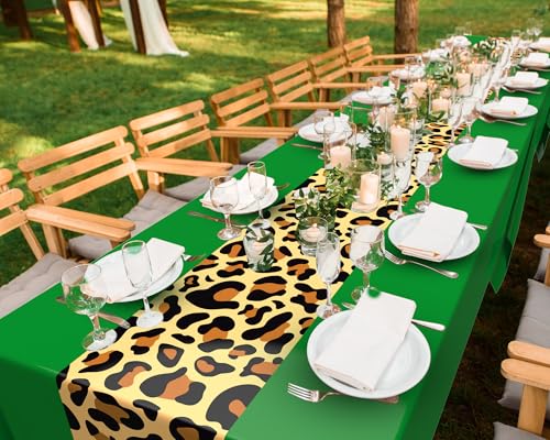 Image of Buryeah Leopard Print Tablecloth 54 x 108'' Leopard Plastic Table Cover Disposable Safari Animal Cheetah Print Party Decorations for Baby Shower Wedding Birthday Party Favors(Green,3 Pcs)