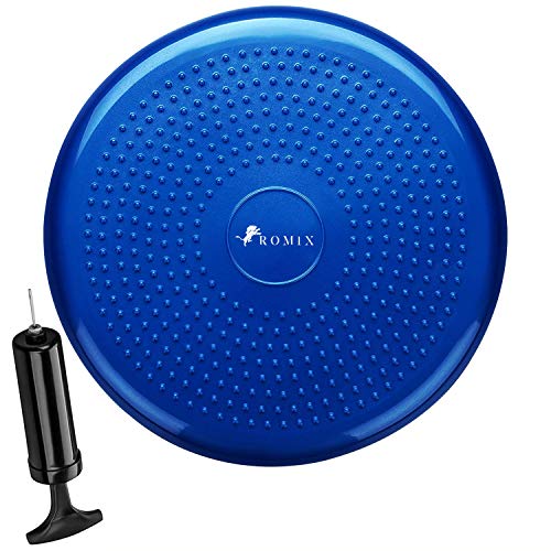ROMIX Cojin Equilibrio, 34CM Antideslizante PVC Balance Cushion con Bomba, Estabilidad Inflable Disc para Fitness, Pilates, Rehabilitación Balance, Entrenamiento, Ejercicios de Espalda, Yoga - Azul