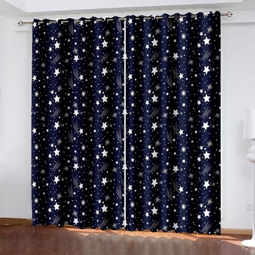 ANAZOZ Cortinas para Balcon Ojales,2 x 86W x 115H CM,Dos Piezas Cortina Cocina Ventana Opaca Cielo Estrellado y Estrellas Cortina Azul Marino Blanco Dormitorio