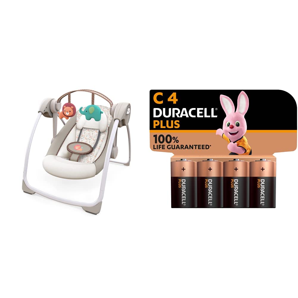 Ingenuity Soothe 'n Delight Altalena portatile compatta a 6 velocità con musica e barra portagiochi, pieghevole per un facile viaggio & Duracell - Plus C, Batterie Mezza-Torcia Alcaline