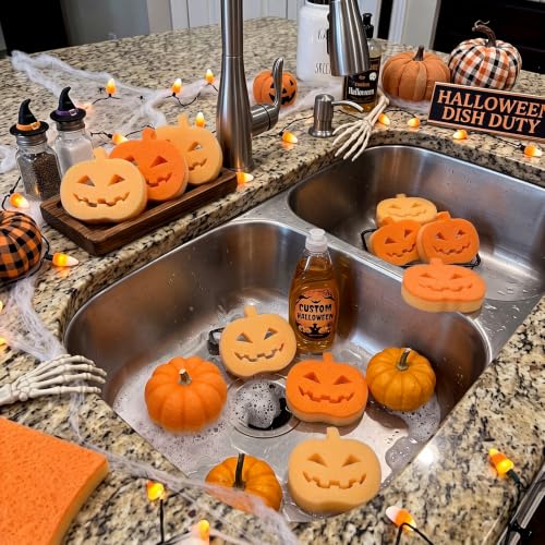 Image of Tioncy 12 Pack Pumpkin Kitchen Sponges Bulk Gothic Dual Sided Scrubber Jack O Lantern Sponges Reuseble Non Scratch Dishwashing Kitchen Cleaning Accessories for Cookware Pot Boiler Pan Household