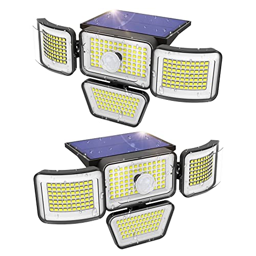 CHARKEE Solar Outdoor Lights, 4 Heads 3000LM IP65 Waterproof Motion Sensor Lights with 278 LEDs, 3 Lighting Modes 270° Wide Angle Flood Lights for Yard Garage Garden Parking Lot, 2Pack Wall Lights
