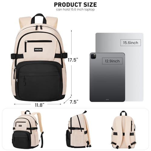 Image of WINDARS Backpack for School Girls, Cute High School Backpacks for Teens Women Student Large Bookbag 15.6 Inch Laptop Bag with USB Charger Port for College Work Travel Trip (Black Beige)