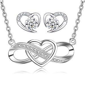 Jewellery Set for Women,Infinity Endless Love Heart Necklace,Heart Earrings with Sparkling Cubic Zirconia,925 Sterling Silver, Gift for Women Girls