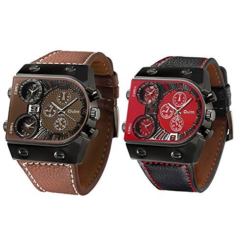 Preisvergleich Produktbild Stilvolle Business Watch Luminous Römische Ziffern Multi-Zeitzone Zifferblatt Stilvolle Leder-Quarz-Bewegungs-Uhr, Zwei Stücke,B