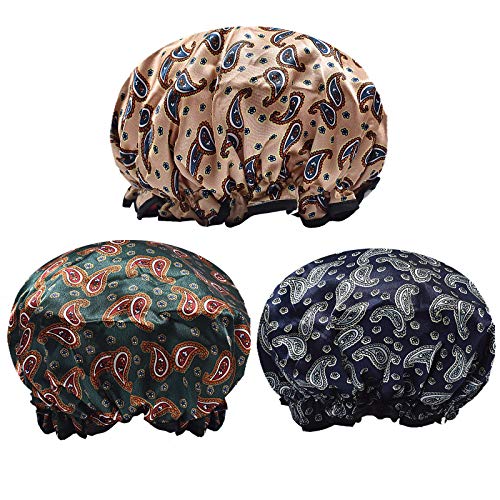 Aibilye Shower Cap, 3Pcs Shower Cap For Women,Shower Cap For Kids, Double Waterproof,Hair Care Cap,Salon Shower Cap,Reusable, Medium Size(STYLE-10)