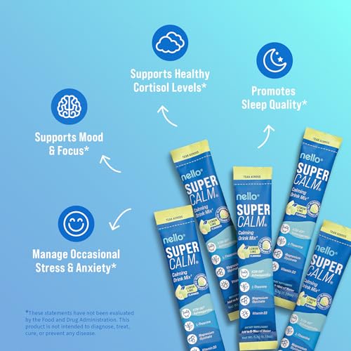 Image of Nello Supercalm Powdered Drink Mix, Cortisol Reducer* and Sleep Aid Supplement, L Theanine, Ksm-66 Ashwagandha, Magnesium Glycinate, Vitamin D 3, No Sugar, Non GMO, On The Go, 20 Ct, Lemon Lime