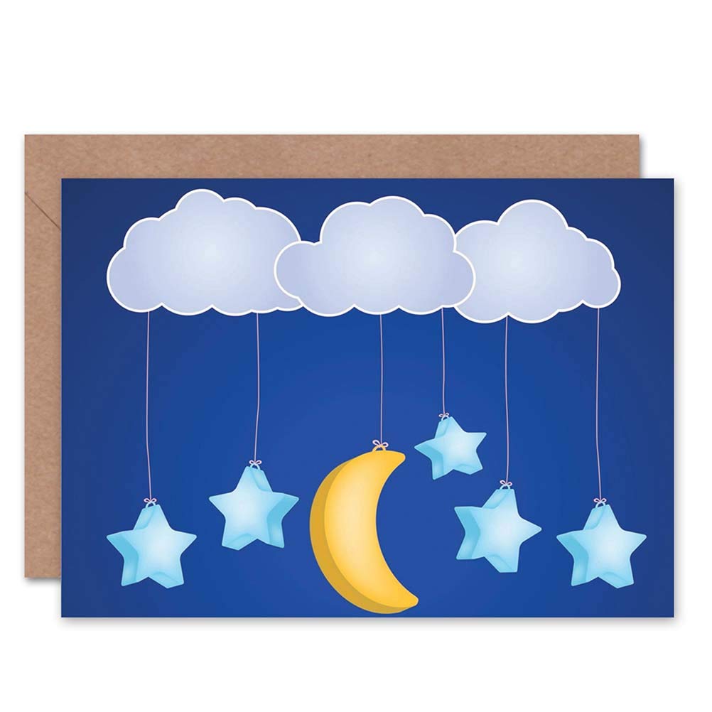 Wee Blue Coo CLOUD STARS MOON NIGHT KIDS CHILDREN ILLUSTRATION BLANK GREETINGS CARD