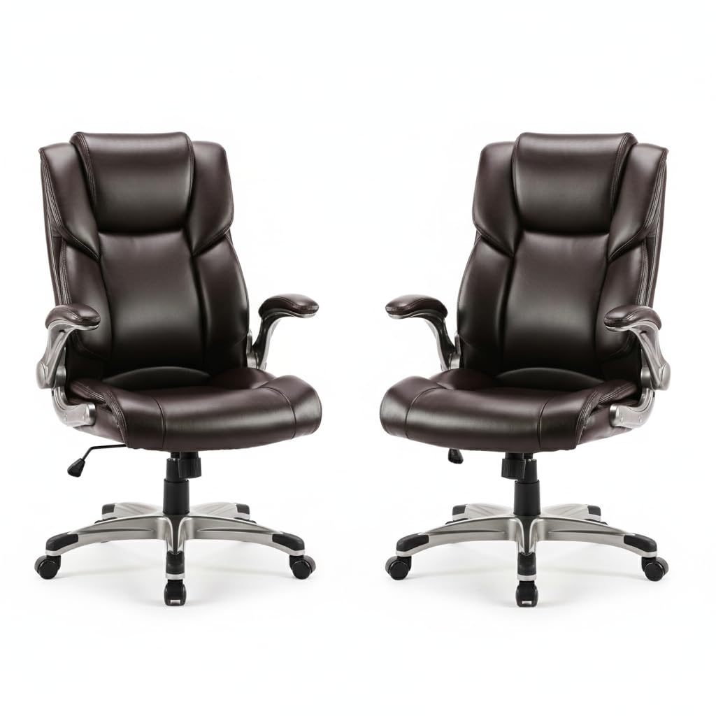 Ergonomic High Back Executive Office Chair with Adjustable Lumbar Support, Leather Office Chair with Flip-up Armrests, Swivel Computer Task Chair for Home Office Workstation, Brown,Set of 2