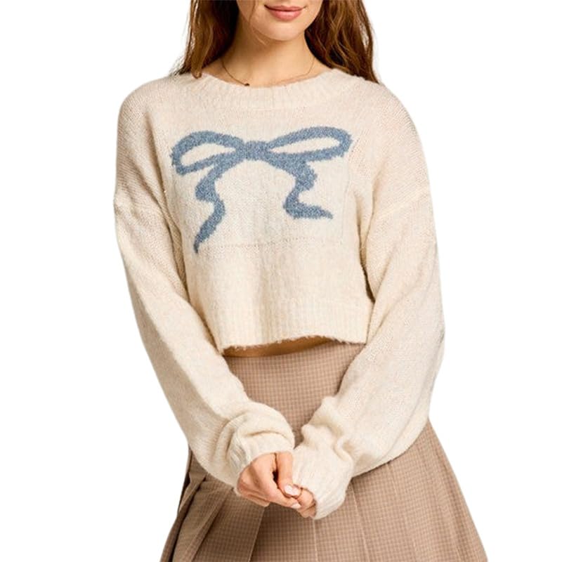 Women Bow Sweaters Cute Long Sleeve Crewneck Vintage Sweater with Bow Y2K Trendy Lightweight Knitted Jumper Tops