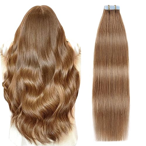 Image of SUYYA Tape In Hair Extensions Human Hair 20 Inch #8 Light Brown | Remy Human Hair, Invisible Skin Weft, Soft & Silky Straight Hair, 20PCS 50G, Seamless Blend, Add Length & Volume
