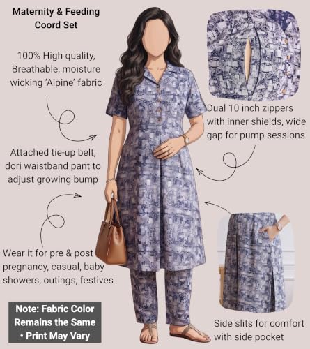 Image of DUMMY SHAPE Feeding Dresses for Women Full Set | Cotton Blend Maternity Kurta Pant Suit with Dual Nursing Zippers, Side Pocket to Pre & Post Pregnancy | Mom to Be Gifts