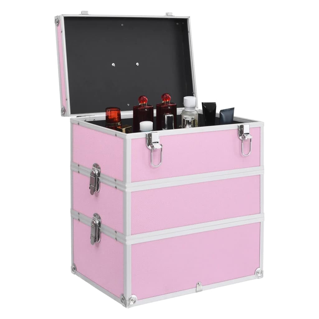 Rosa Aluminium Kosmetikkoffer 37x24x40 cm mit 3 abnehmbaren Ebenen und Tragegriff, aus Holz und ABS-Blech gefertigt, ideal zur Aufbewahrung Ihrer Kosmetikprodukte