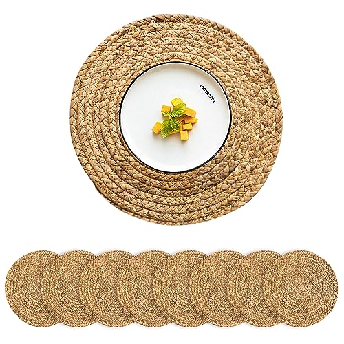 Image of Round Placemats Set of 8 Natural Woven Rattan Placemats, Braided Boho Farmhouse Place Mats Heat Resistant Dining Table Mats Straw Placemat Wicker Outdoor Placemat for Patio Table 13.4''