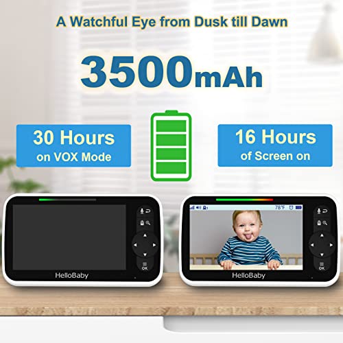 Image of HelloBaby 5 Inch Video Baby Monitor with 720p Camera and Audio, Remote Pan-Tilt-Zoom Camera with Night Vision, 2-Way Talk, Temperature, 8 Lullabies and 1000ft Range Baby Monitor No WiFi Needed