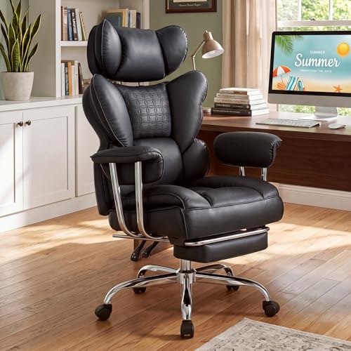Image of DUMOS Big and Tall Office Chair 400 LBS, Scratch-Resistant PU Leather Executive Office Desk Chair with Footrest, Ergonomic Reclining Computer Chairs with Pocket Spring Support, Black