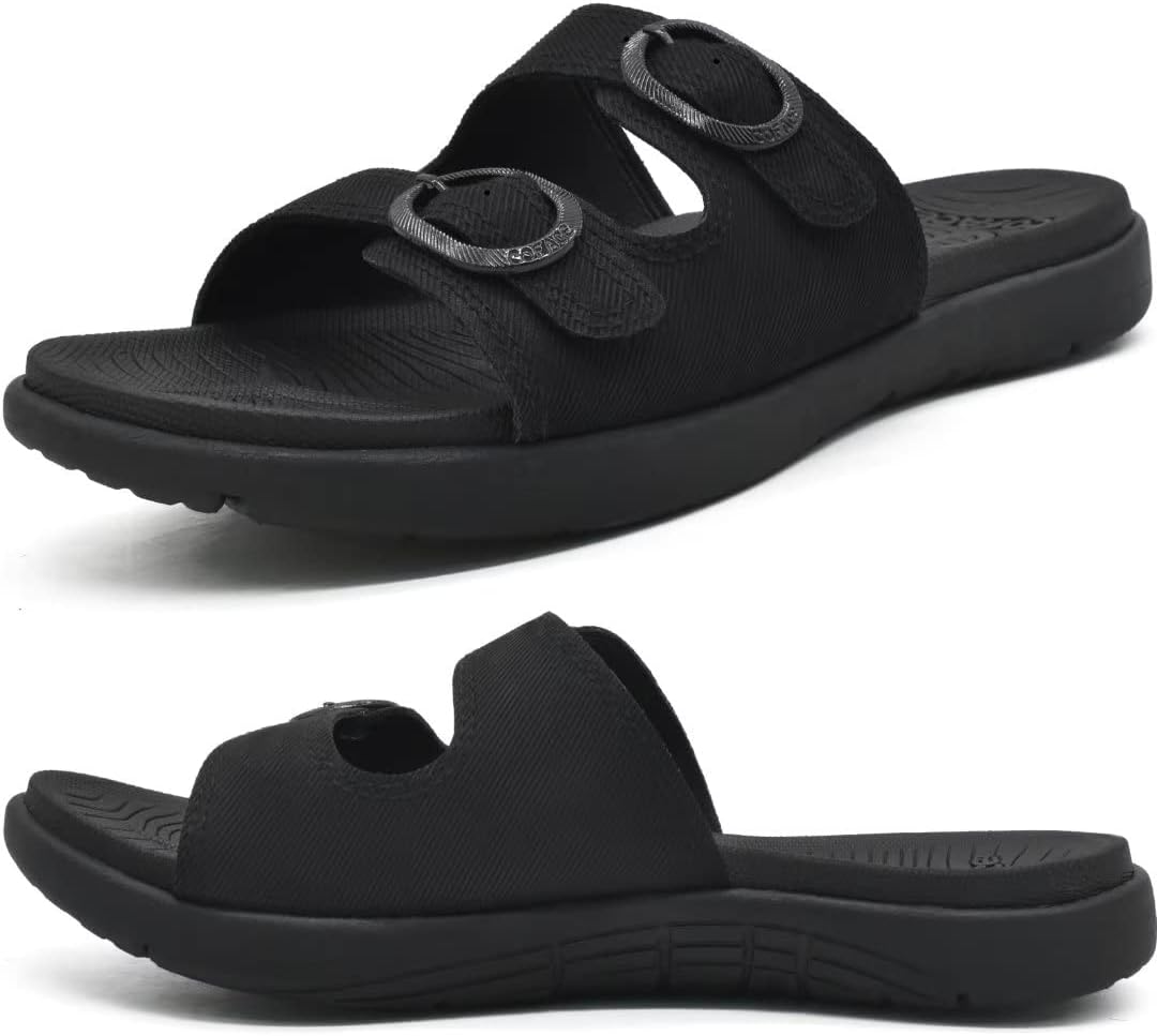 COFACEWomens Orthotic Slides Comfort Plantar Fasciitis Arch Support Slip on Flat Sandals Ladies Soft Cushion Fashion Yoga Mat Slippers With Adjustable Straps, All-black, 9.5