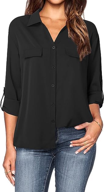 GenericWomen's Lapel Button Down Shirts for Work Office Business Casual Chiffon Blouse Tops