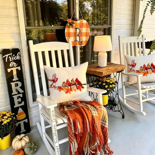 Image of Fall Pillow Covers 18x18 Inch Cardinal Birds Home Decor | Cardinal Birds Maple Leaves, Decorative Autumn Thanksgiving Harvest, Lumbar Cushion Case, For Home Sofa Couch