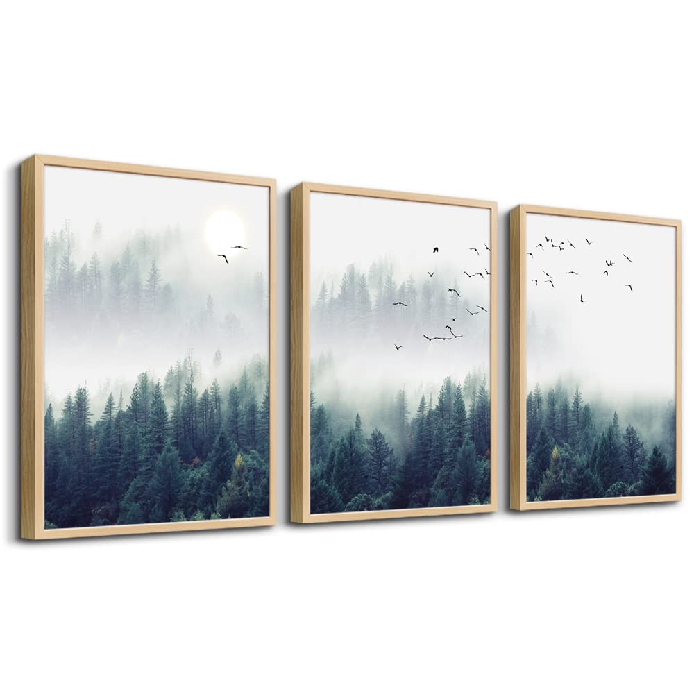 MHARTK66 Framed Canvas Wall Art For Living Room-Wall Decor For Bedroom Foggy Forest Trees Landscape Painting-Modern Home Decor Ready To Hang Wall Pictures Set of 3 Piece Natural Wood Framed Art Print