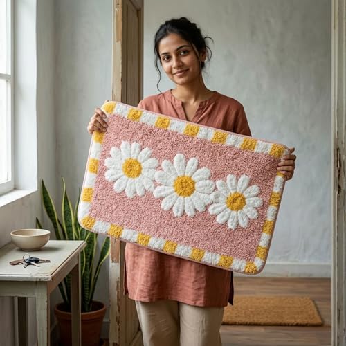 Image of Dream Weaverz 2000 GSM Super Soft Microfiber Bath Mat 40x60 cm | Ultra Absorbent Anti-Skid Quick Dry Bathroom Rug | Floor Mat for Bathroom, Bedroom, Kitchen, Home | Cute Design Bathmat (Peach Flower)
