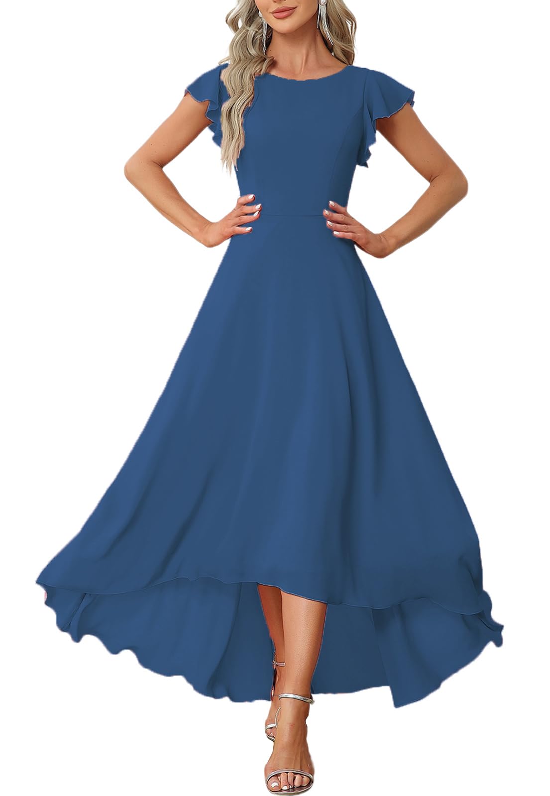 FairyLove Women Wedding Ruffle Dresses Flowy Puffy with Deep V Neck Pleated Hem Lantern Long Sleeve Bell Sleeves