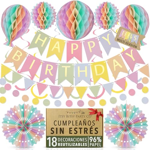 Reutilizable Kit Decoración Cumpleaños de Colores Pastel - Pancarta Multicolor, Banderines, Pompones, Guirnalda, Decoracion Cumpleaños Niña Mujer, 18 Piezas por Itsy Bitsy Party Co.