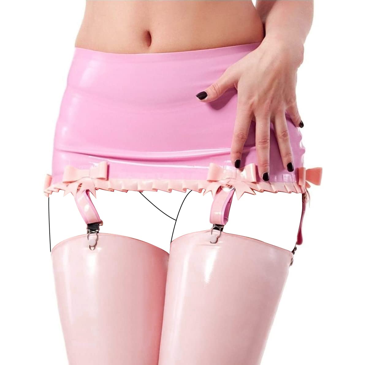 Gonne in gomma in lattice a strisce nere e rosa sexy con bretelle con fiocchi