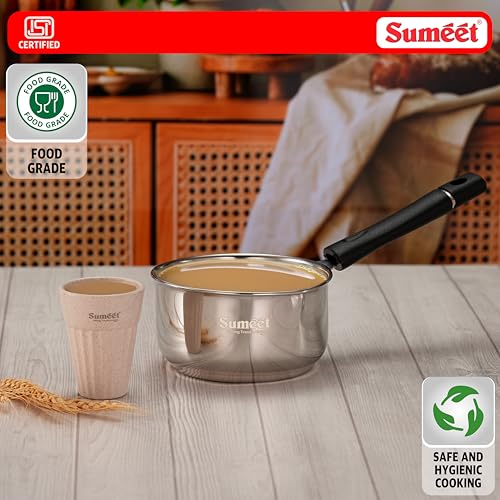 Image of Sumeet ISI Certified Stainless Steel Saucepan 1.2L, 1 Piece | Induction & Gas Stove Compatible, Mirror Finish Milk Pan, Tea Maker, Dishwasher Safe