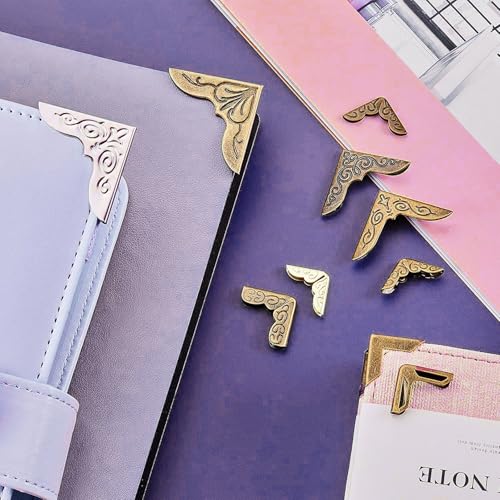 Image of 48 Pcs Metal Book Corners Protectors Guard,Vintage Iron Triangle Corner Cover witg Carved Decorative,Triangle Book Edge Cover Guard,for Protecting Photo,Album,Notebook and Scrapbook Corners