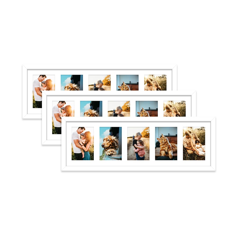 White Multi Photo Frame - Holds 5 x 6x4 Pictures, Family Collage Picture Frame for Wall Display, 8x26 Panoramic Frame Size, Set of 3