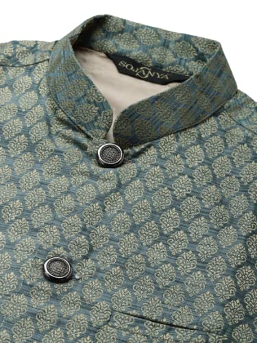 Image of SOJANYA (Since 1958, Men's Silk Blend Grey Kurta Pyjama & Silk Blend Jacket Combo