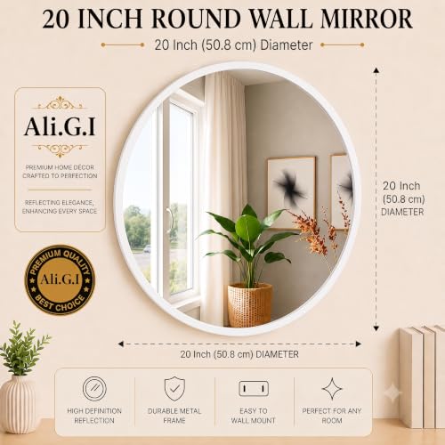 Image of Ali.G.I Round Wall Mirror, Modern Metal Framed Decorative Circle Vanity Mirror for Bathroom, Living Room, Bedroom & Entryway (White 20 inch)