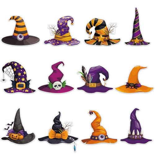 Image of 48 Pcs Halloween Cutouts, Cute Witch Hat Cutouts Halloween Bulletin Board Decorations Witch Hat Paper Cut-Outs for Home School Trick or Treat Party Chalkboard Wall Decor