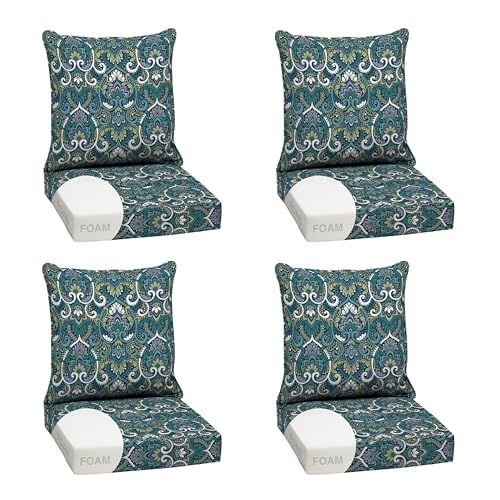 Image of Arden Outdoor Foam Deep Seat Cushion Set, 4-Pack, 24x24, Premium High-Density Foam, Never Flattens, Weather-Proof for Patio Chair Sofa Couch, Sapphire Aurora Blue Damask