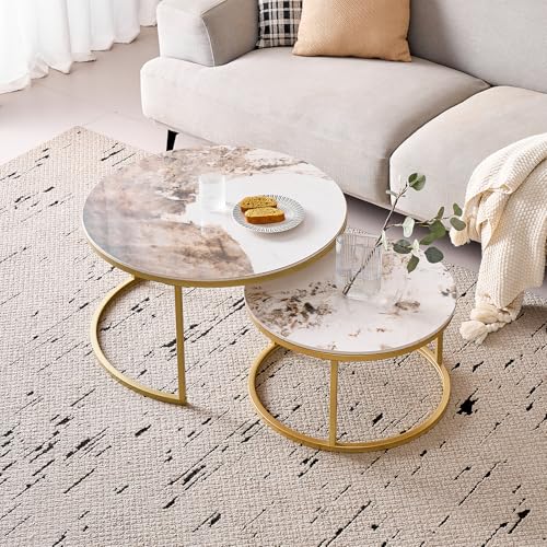 GrandCA HOME Tables Basses Rondes gigognes, Lot de 2 avec Cadre en métal doré pour Salon Moderne, 60 cm et 80 cm Tables d'appoint Pandora en Pierre frittée