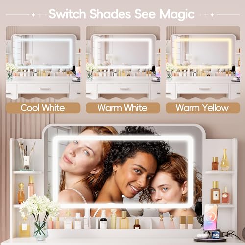 Image of Furmax Vanity Desk with Mirror with LED Light Strip, Makeup Vanity with 2 AC Outlets and1 USB＆1 Type-C Port, 3 Modes Adjustable Lighting Mirror, Modern Ample Storage Drawers Dressing Table, White