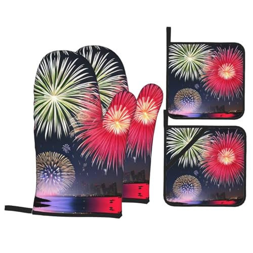 WHJSSF Splendid Fireworks Printing - Juego de guantes y soportes para ollas para horno, resistentes al calor, impermeables y duraderos, juego de cuatro piezas para hornear